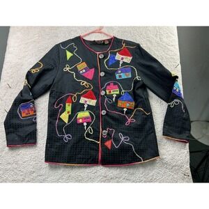 Julia Kim Jacket Womens Small Black Colorful House Embroidered Button Front Art